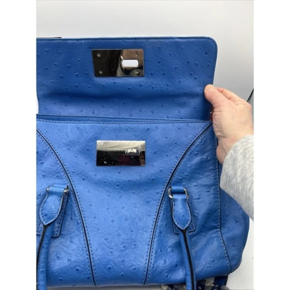 Milly Satchel Bag Women Cobalt Blue Ostrich Embossed Leather Satchel Crossbody